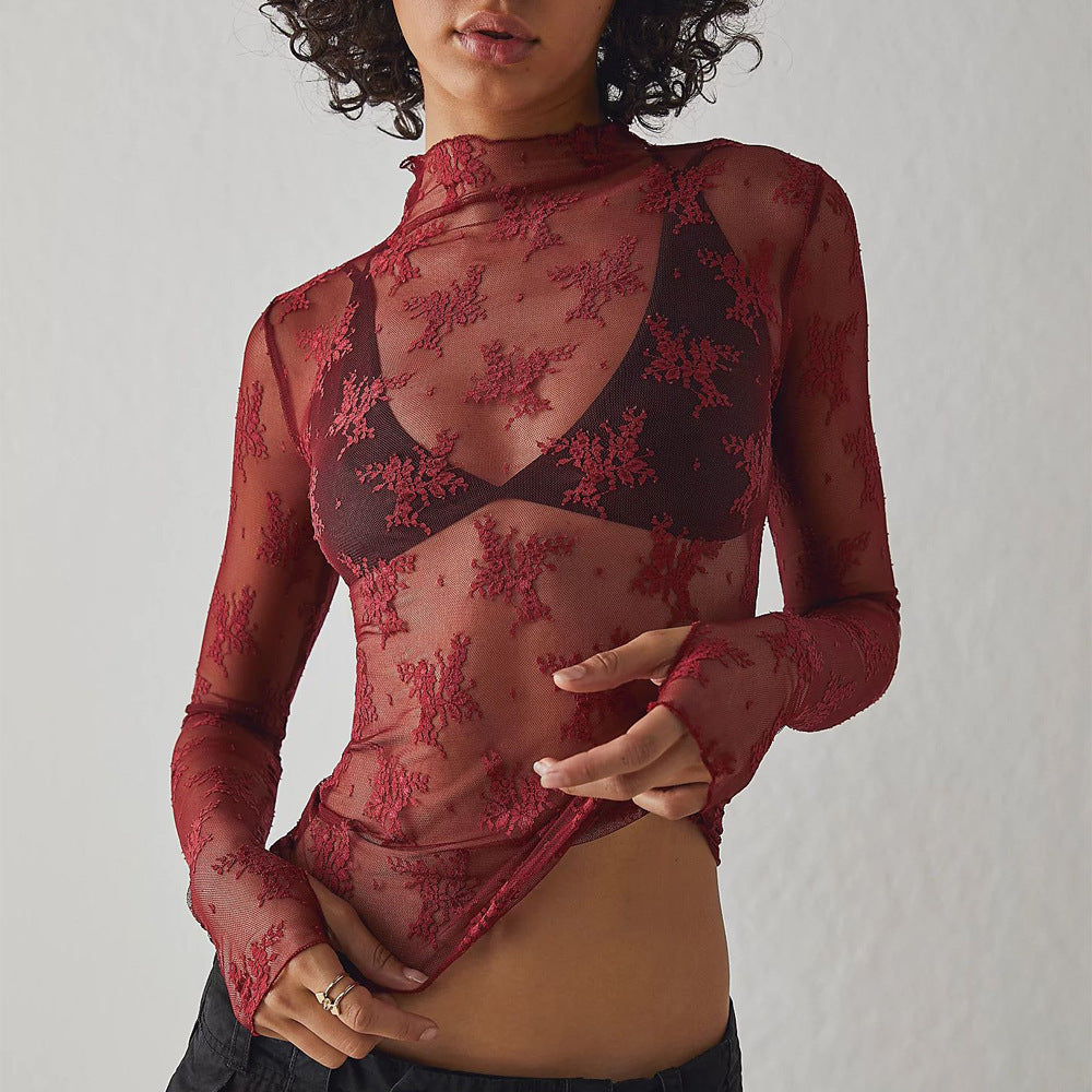 see-through lace mesh top for women – long sleeve pullover.