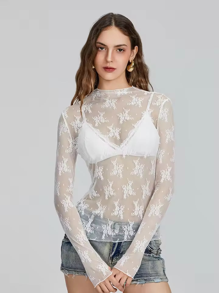 see-through lace mesh top for women – long sleeve pullover.