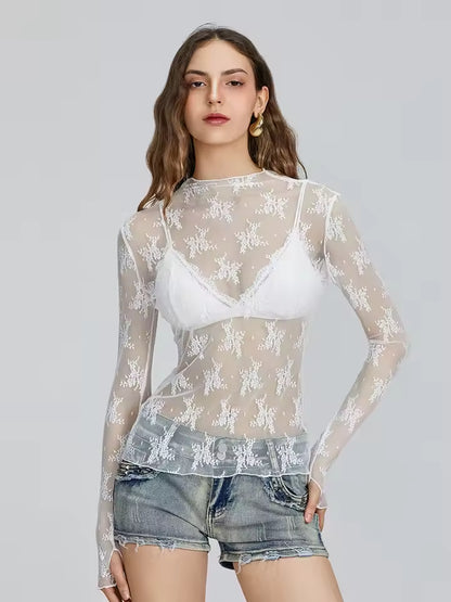 see-through lace mesh top for women – long sleeve pullover.
