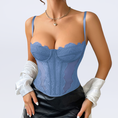 sexy lace spaghetti strap corset top with open back for nightlife and party outfits.