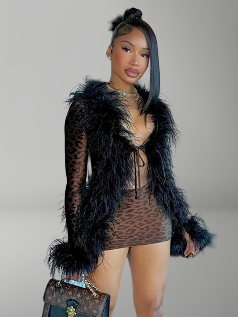 Sexy leopard print mini skirt and cropped cardigan set