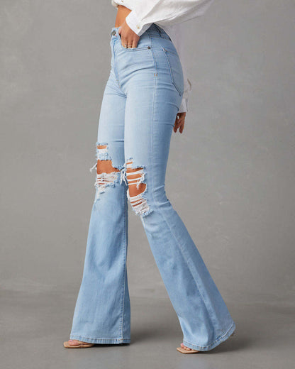 Light blue high-waisted wide-leg denim jeans for women 