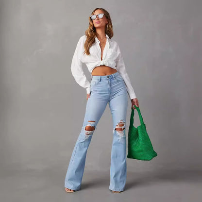 Light blue high-waisted wide-leg denim jeans for women 