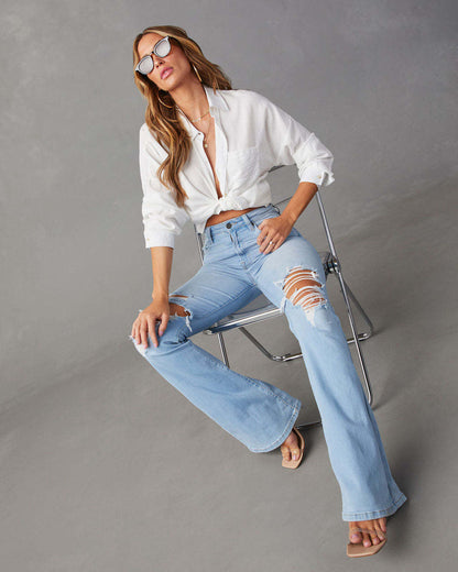 Light blue high-waisted wide-leg denim jeans for women 